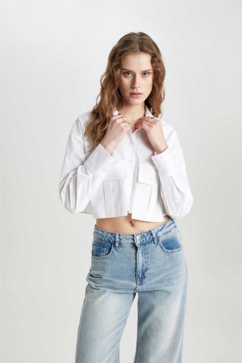 FEMME Blanc Chemise en Popeline à Manches Longues et Col Roulé