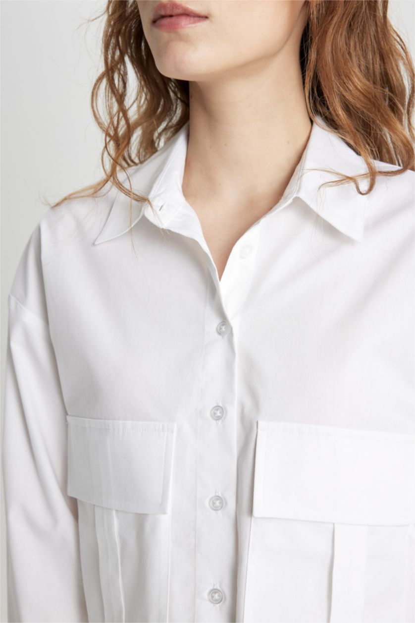 FEMME Blanc Chemise en Popeline à Manches Longues et Col Roulé