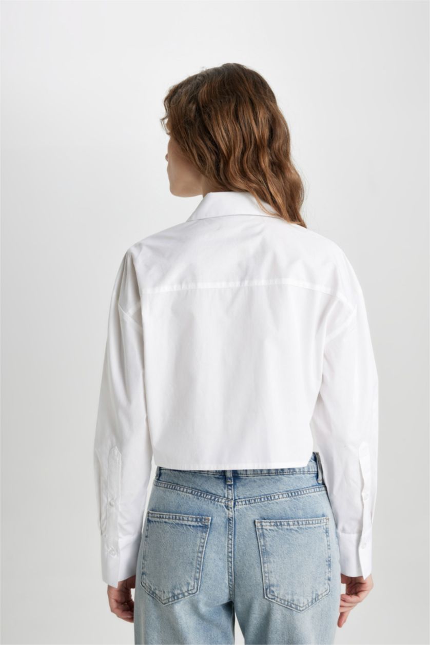 FEMME Blanc Chemise en Popeline à Manches Longues et Col Roulé