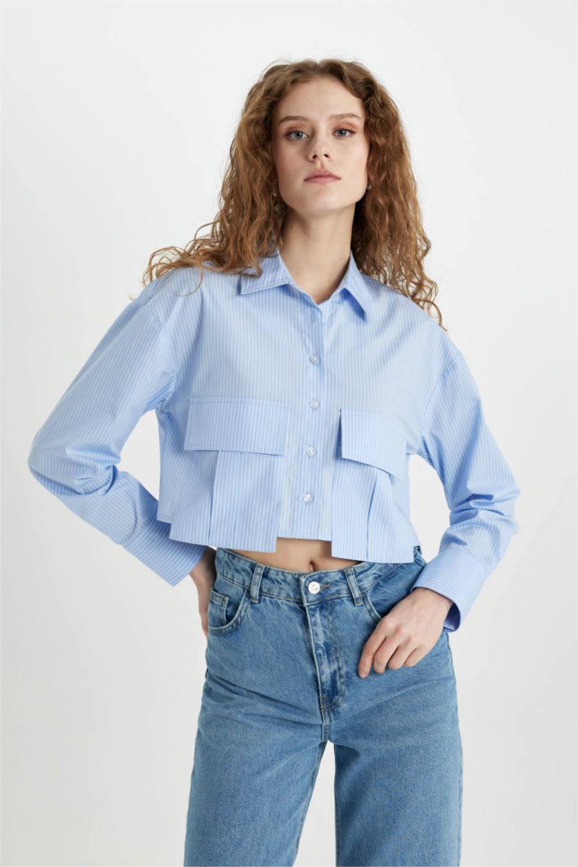 WOMAN Blue Crop Poplin Long Sleeve Shirt