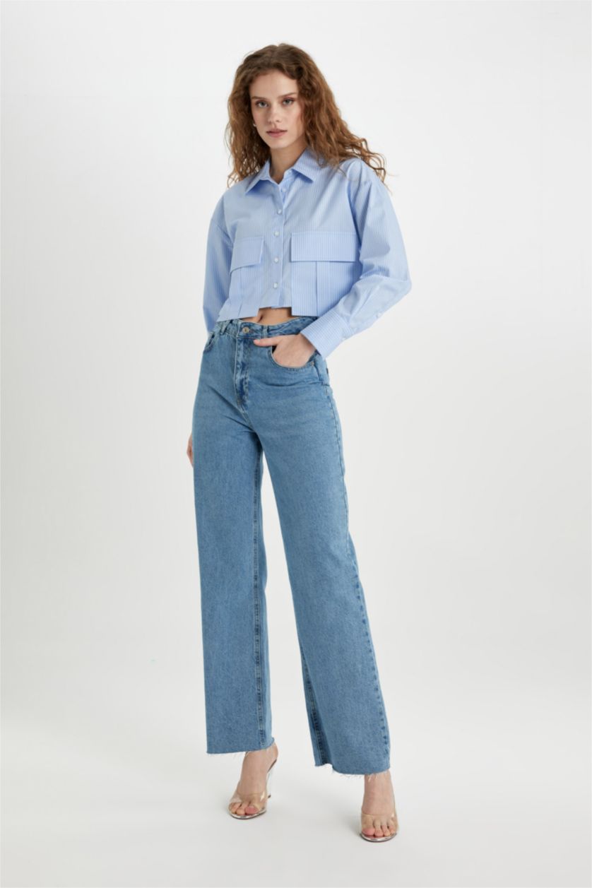 WOMAN Blue Crop Poplin Long Sleeve Shirt