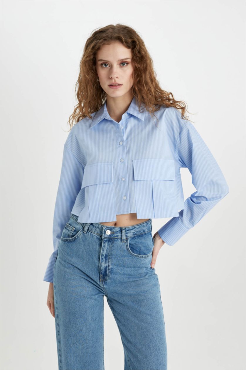 WOMAN Blue Crop Poplin Long Sleeve Shirt