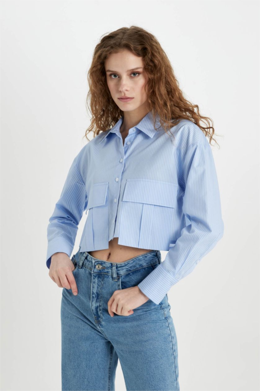 WOMAN Blue Crop Poplin Long Sleeve Shirt