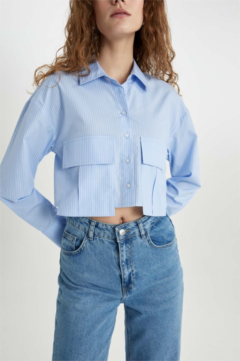 WOMAN Blue Crop Poplin Long Sleeve Shirt