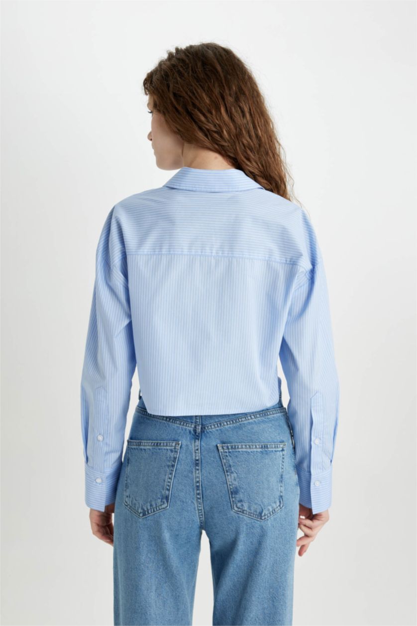 WOMAN Blue Crop Poplin Long Sleeve Shirt