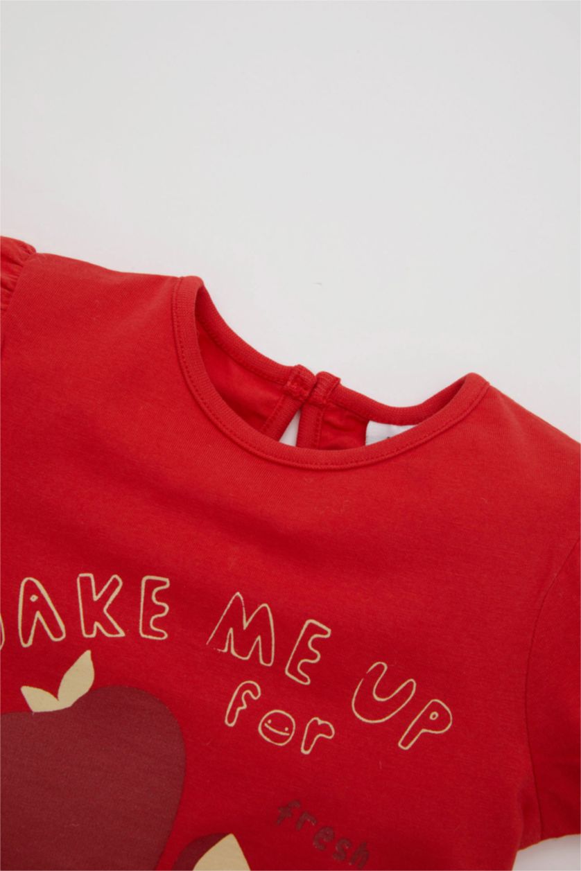 Kız Bebek Kırmızı Kız Bebek Pijama Takımı Meyve Desenli Penye Kısa Kollu Üst Şort