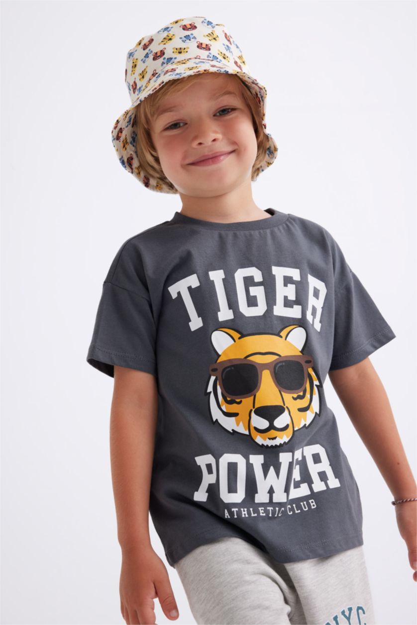 BÉBÉ GARÇON Anthracite T-Shirt à Manches Courtes Col rond  Imprimé à Motif Tigre pour Bébé Garçon