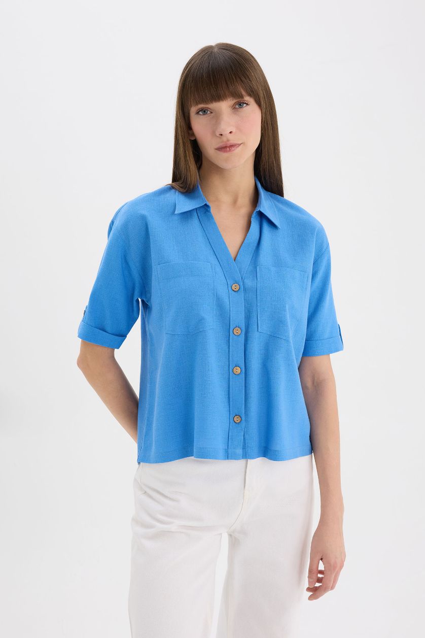 FEMME Bleu Clair Chemise Boxy en lin mélangé à manches courtes
