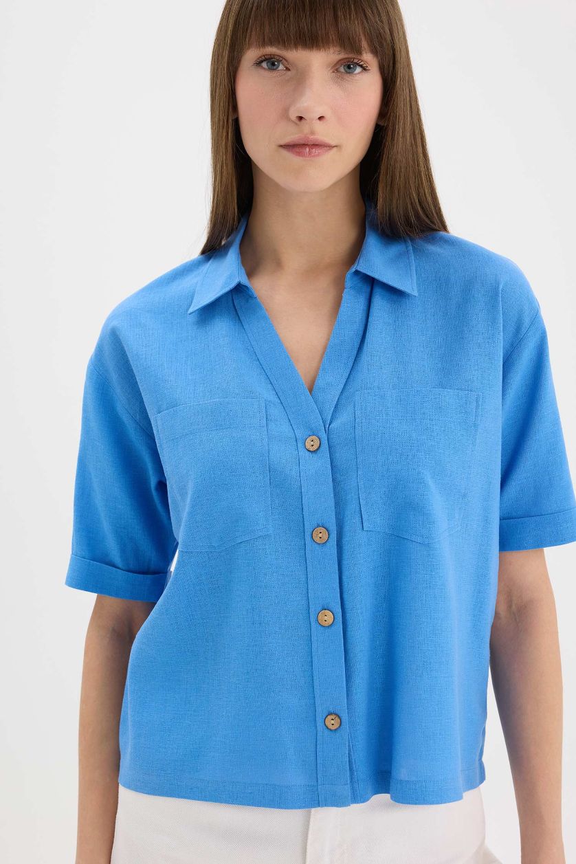 FEMME Bleu Clair Chemise Boxy en lin mélangé à manches courtes