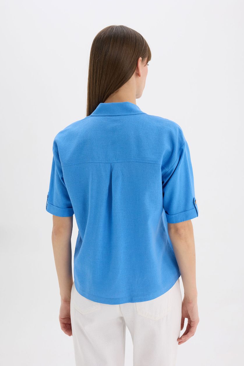 FEMME Bleu Clair Chemise Boxy en lin mélangé à manches courtes