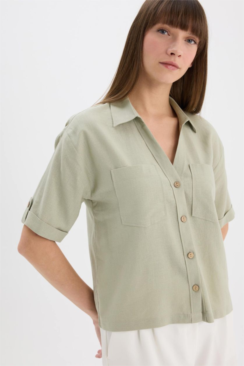 WOMAN Light Khaki Boxy Fit Shirt Collar Linen Blended Short Sleeve Shirt