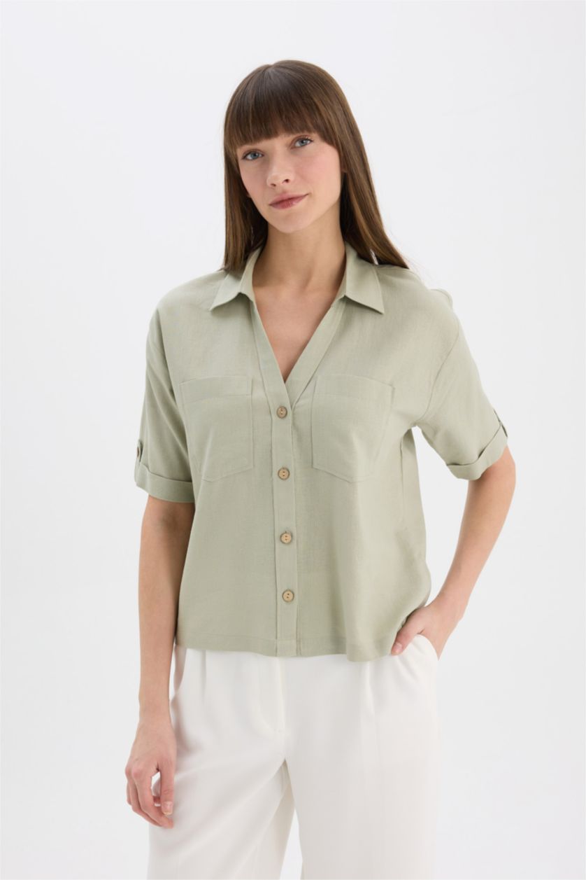 WOMAN Light Khaki Boxy Fit Shirt Collar Linen Blended Short Sleeve Shirt