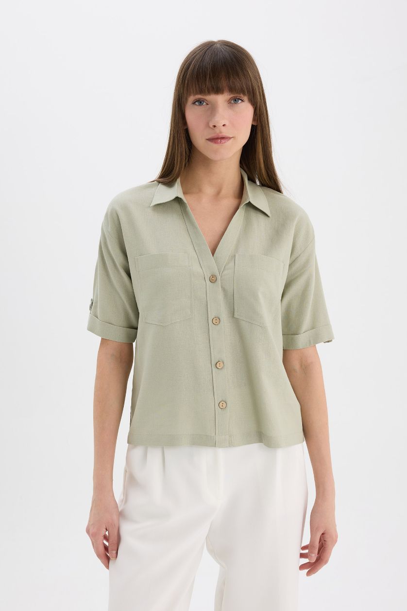 WOMAN Light Khaki Boxy Fit Shirt Collar Linen Blended Short Sleeve Shirt