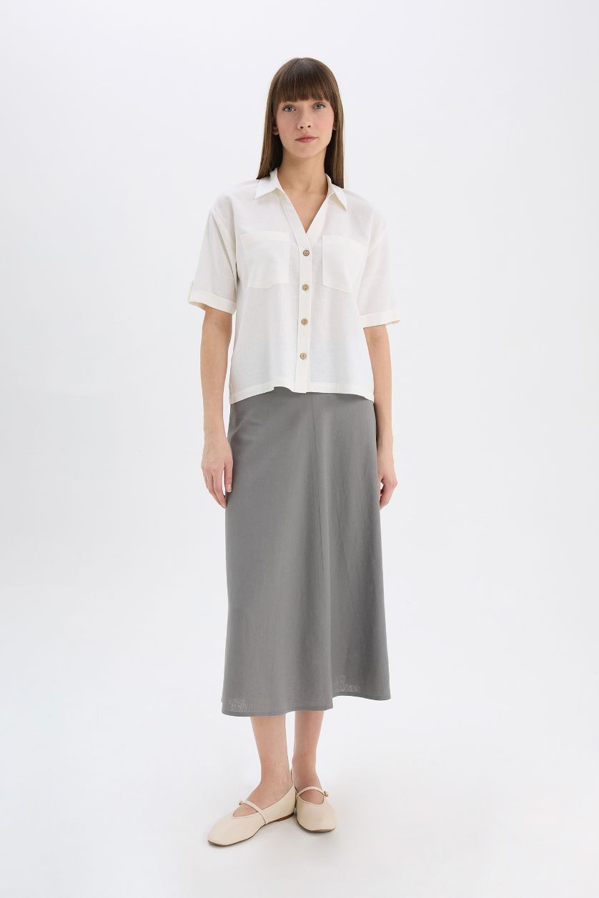 Woman White Boxy Fit Shirt Collar Linen Blended Short Sleeve Shirt