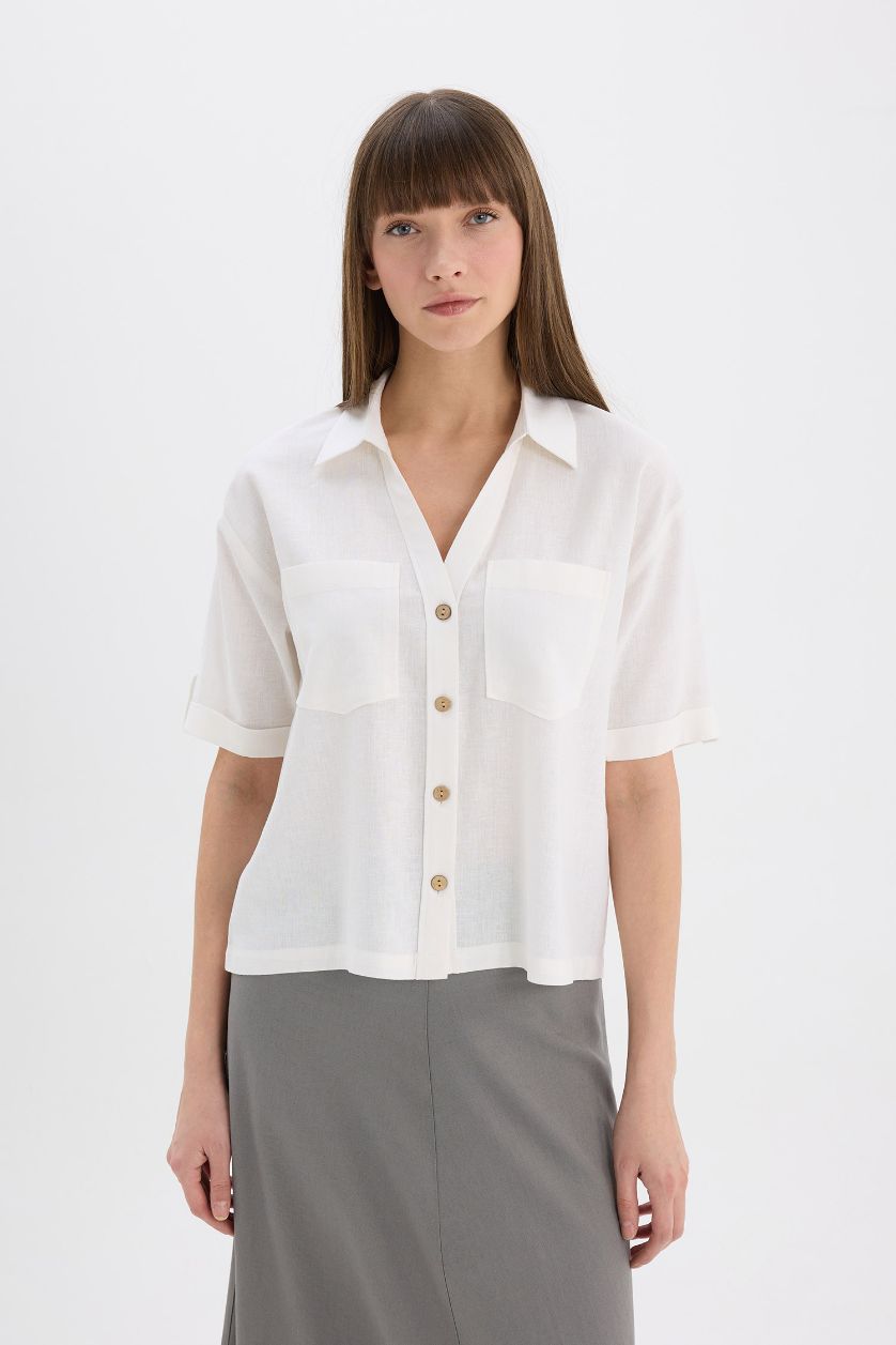 Woman White Boxy Fit Shirt Collar Linen Blended Short Sleeve Shirt