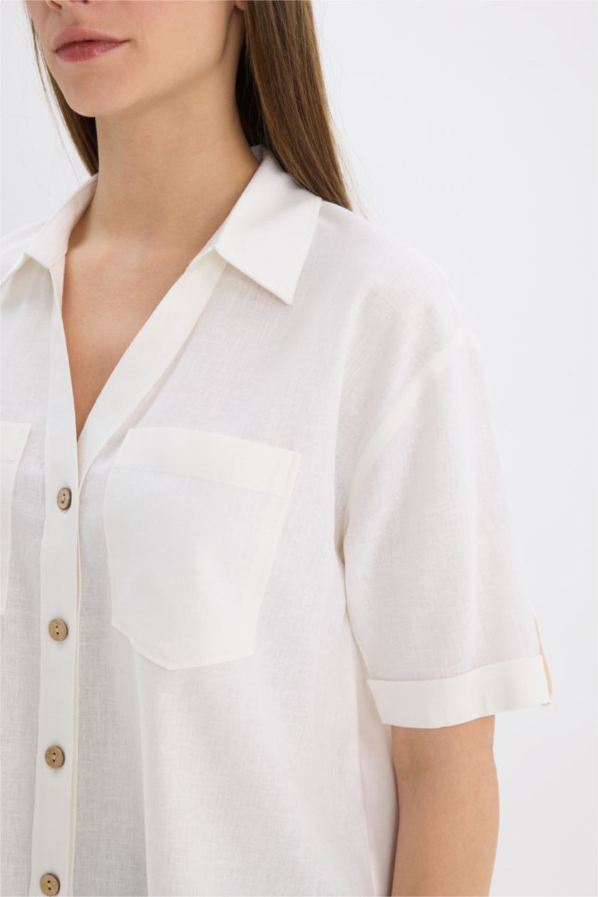 Woman White Boxy Fit Shirt Collar Linen Blended Short Sleeve Shirt