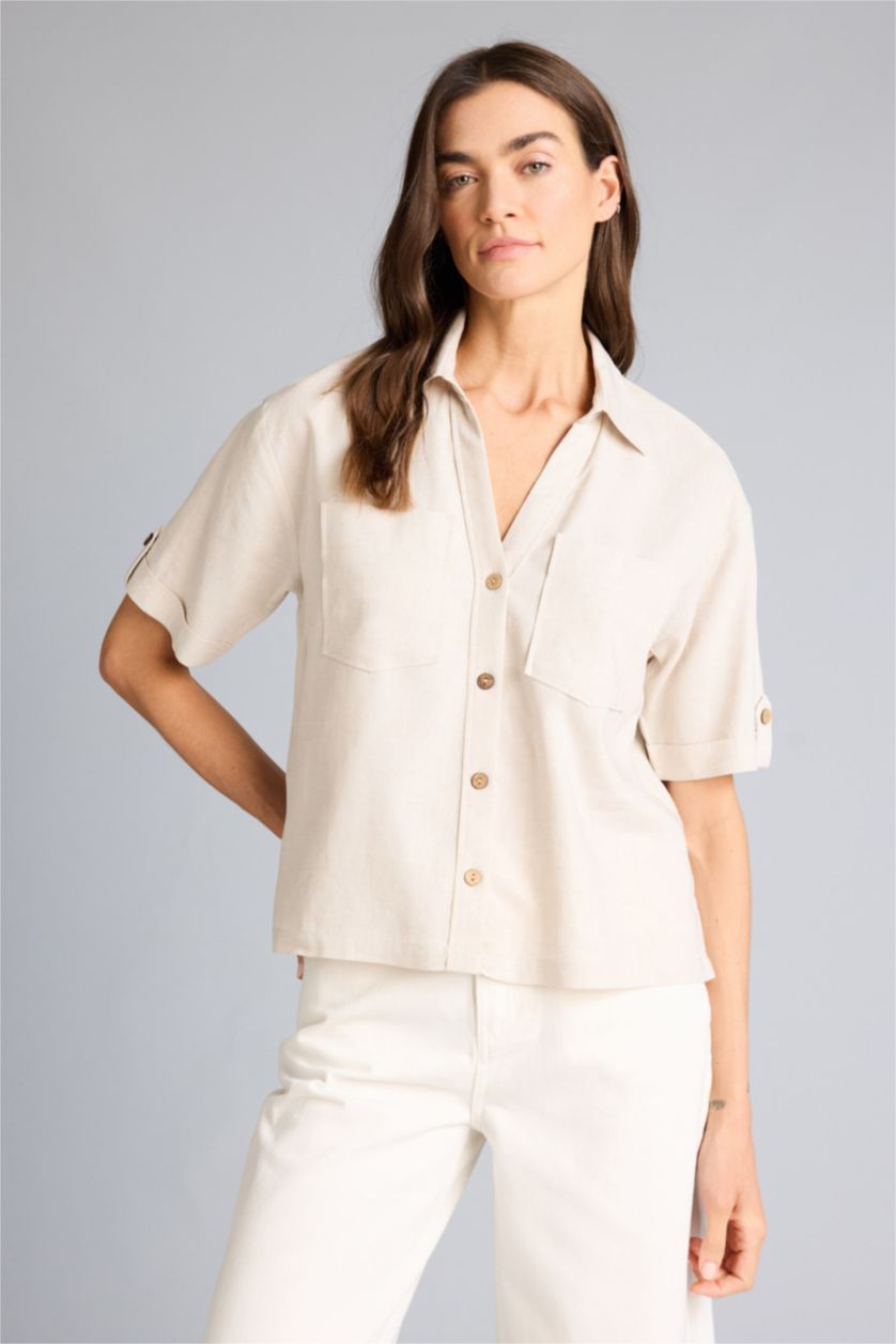 Женщины Слоновая кость Boxy Fit Linen Blended Short Sleeve Shirt