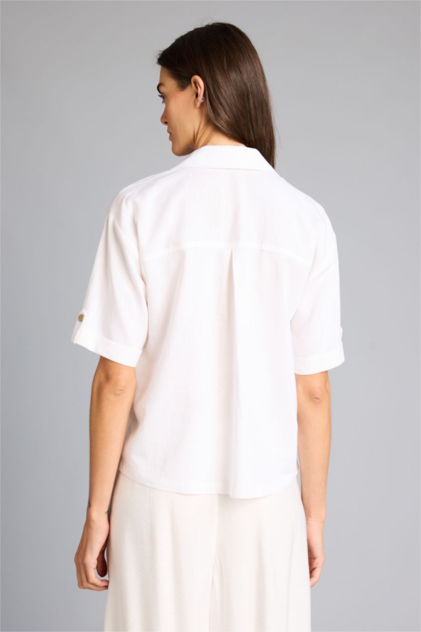 Женщины Кремовый Boxy Fit Linen Blended Short Sleeve Shirt