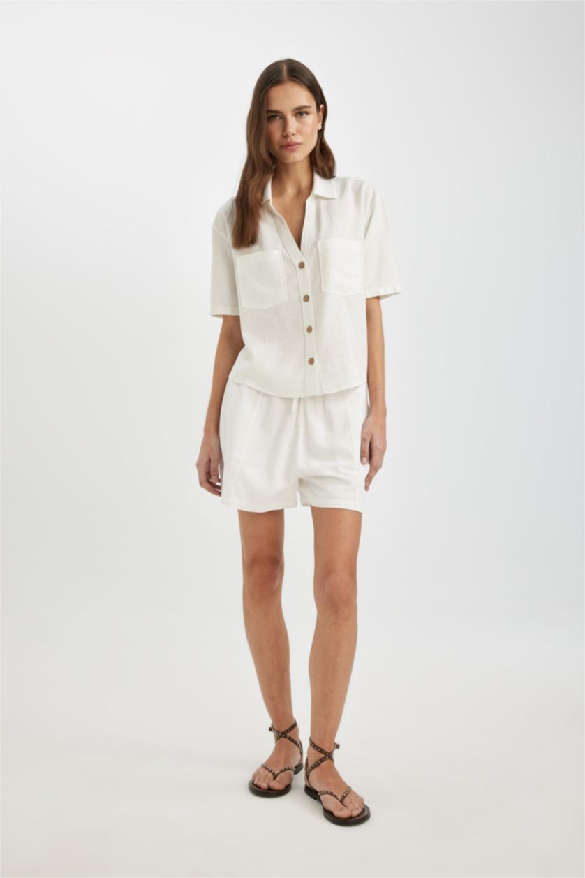 WOMAN White Regular Fit High Waist Linen Blend Shorts