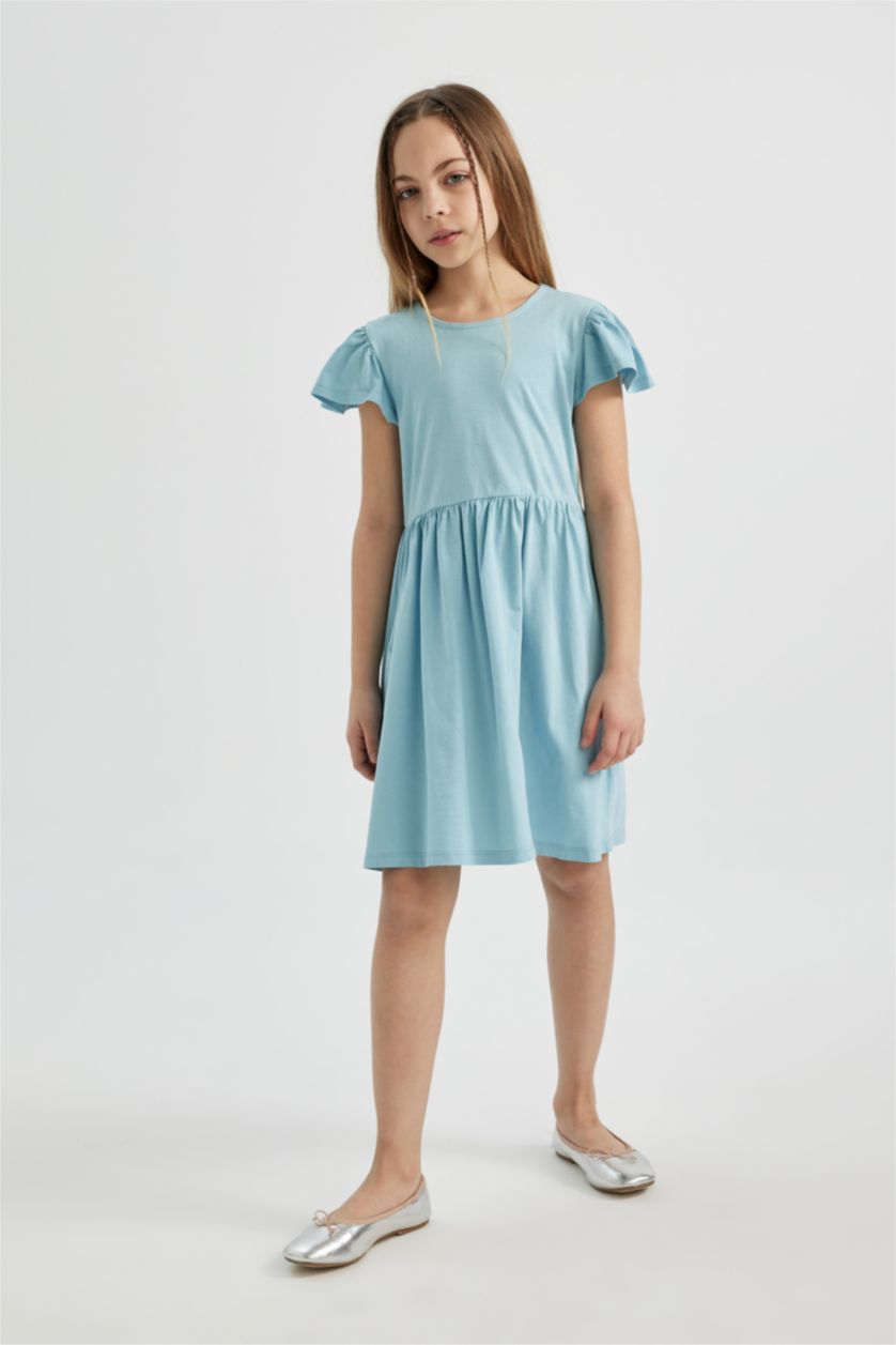 GIRLS & TEENS Blue Girl Short Sleeve Combed Cotton Dress