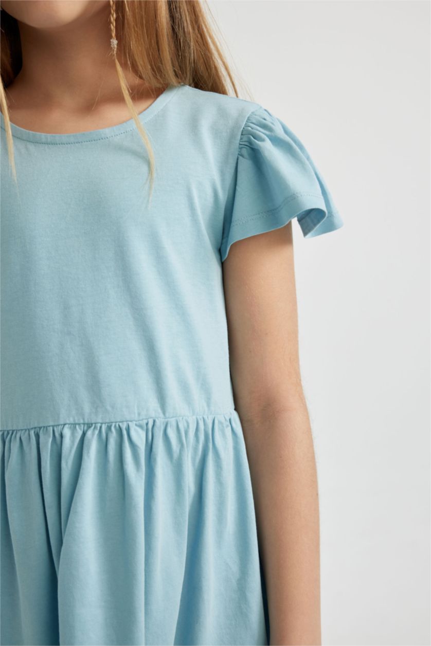 GIRLS & TEENS Blue Girl Short Sleeve Combed Cotton Dress