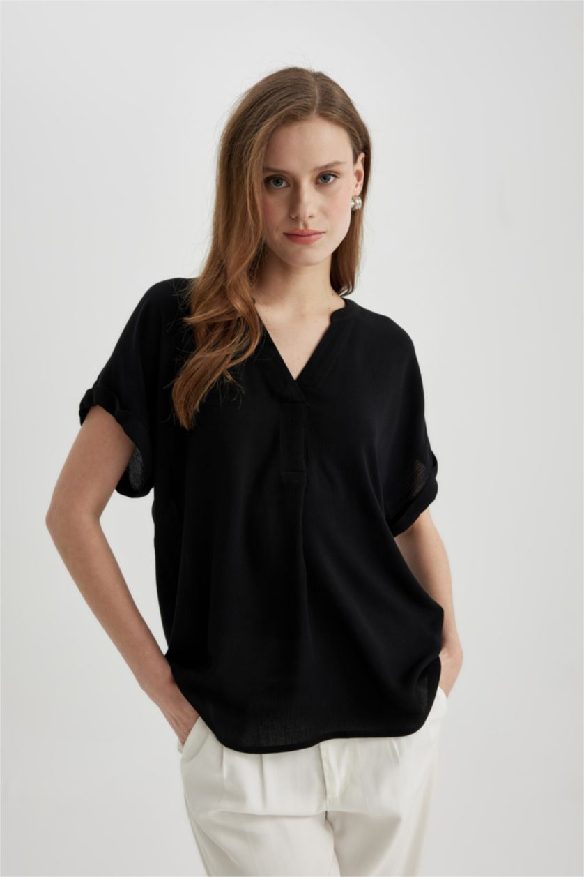 WOMAN Black Regular Fit Crew Neck Short Sleeve Blouse