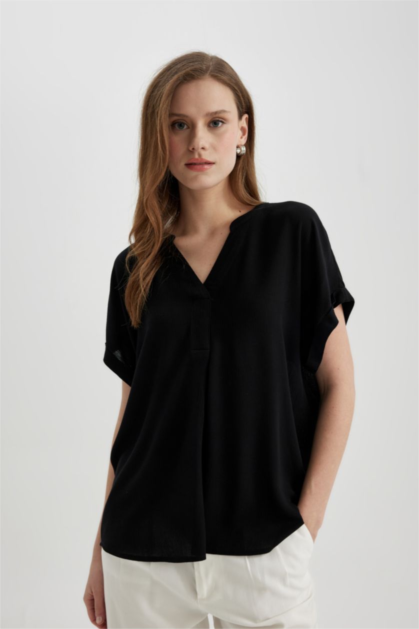 WOMAN Black Regular Fit Crew Neck Short Sleeve Blouse