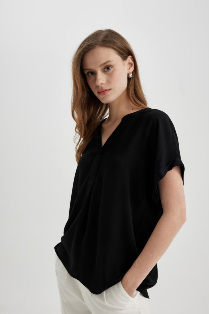 WOMAN Black Regular Fit Crew Neck Short Sleeve Blouse