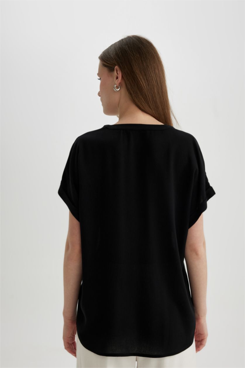 WOMAN Black Regular Fit Crew Neck Short Sleeve Blouse