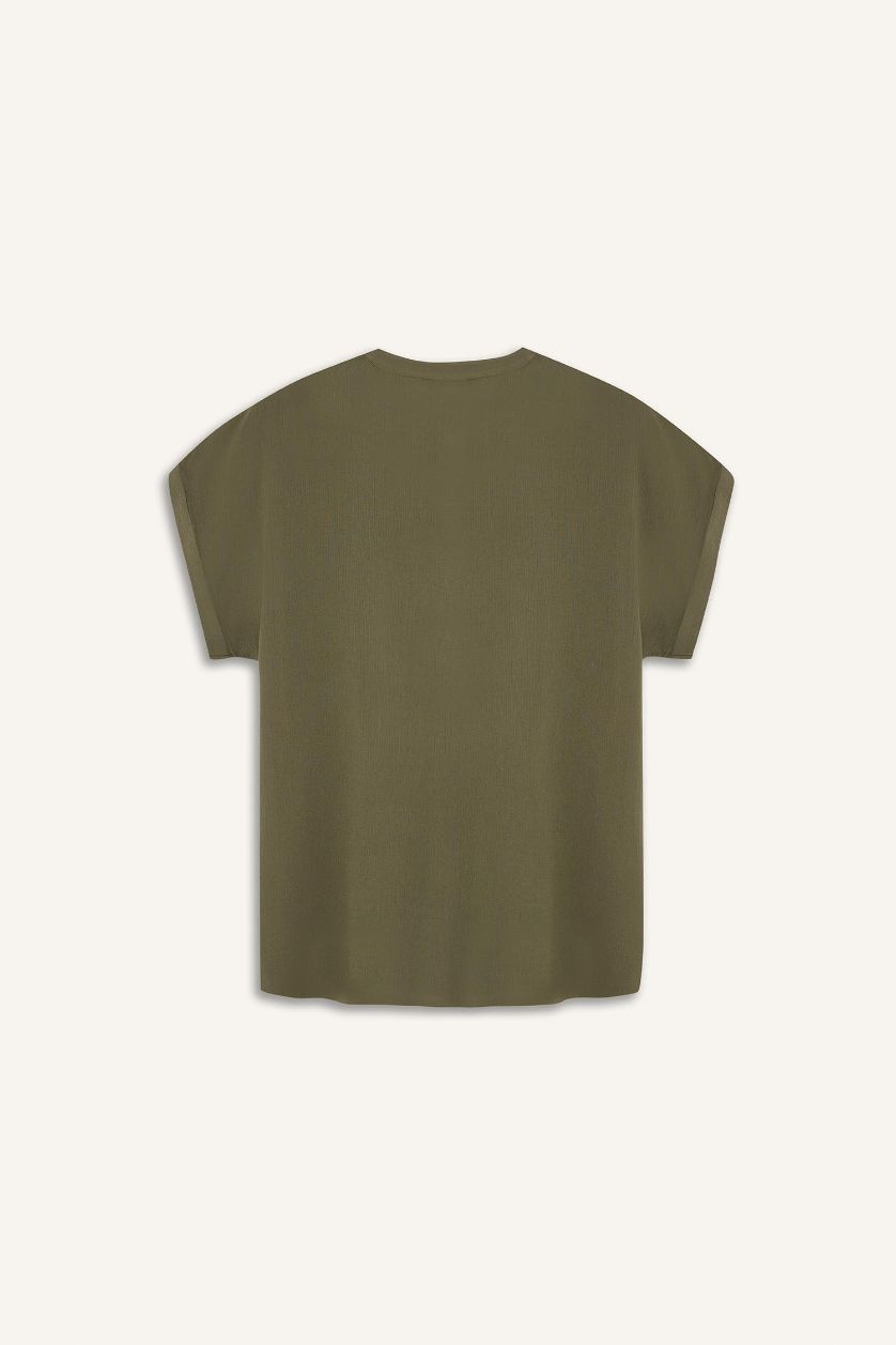 Женщины Хаки Базовая блузка с отклонённым воротником и короткими рукавами из крючкового материала стандартного кроя