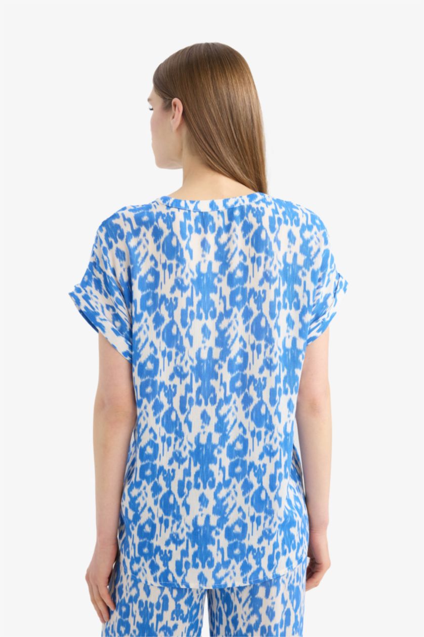 نساء أزرق غامق بلوزة نص كم مطبوعة قصة عادية برقبة مستديرة