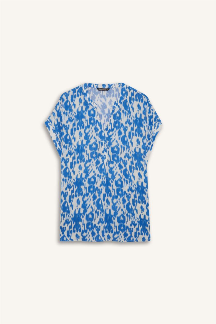 نساء أزرق غامق بلوزة نص كم مطبوعة قصة عادية برقبة مستديرة