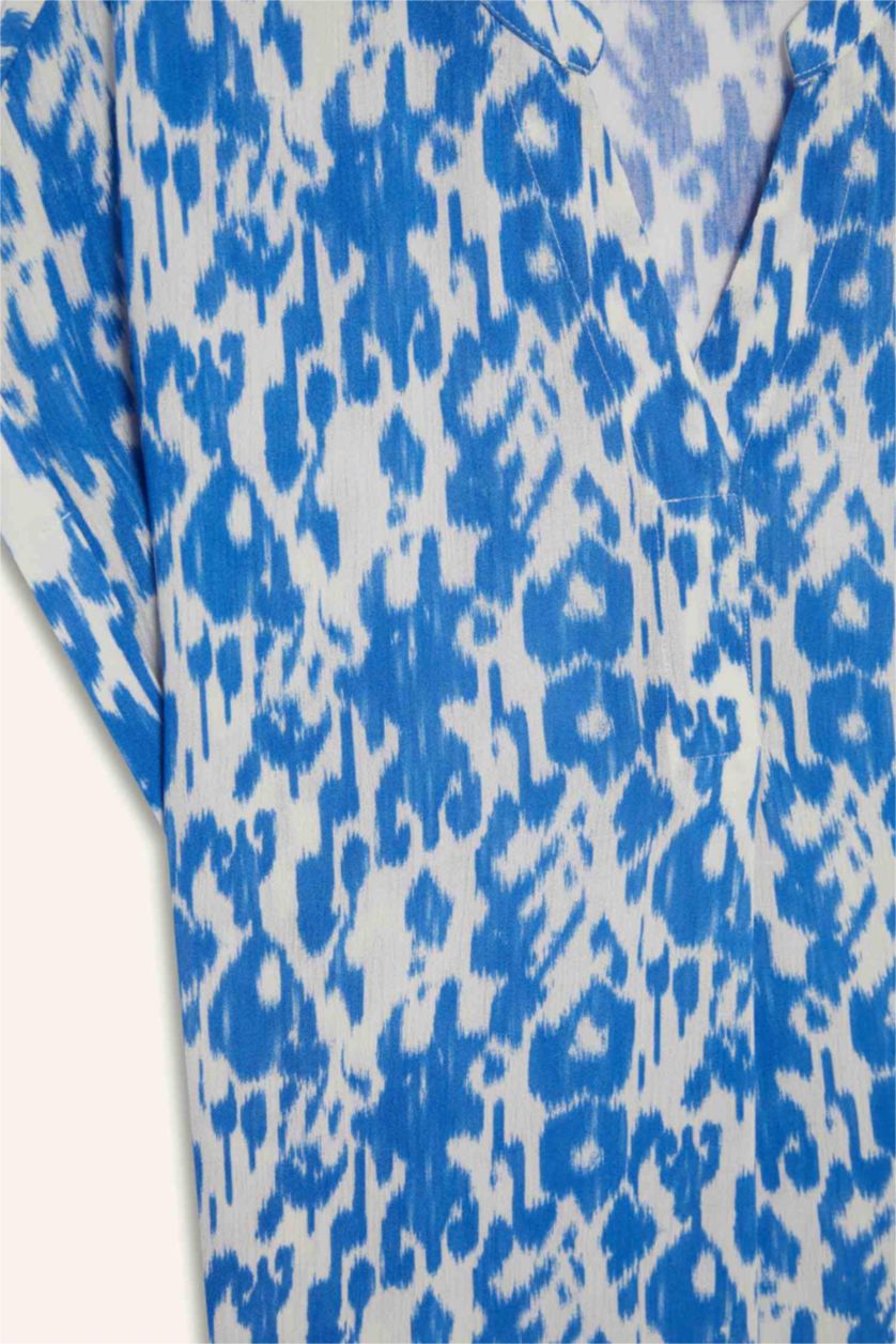 نساء أزرق غامق بلوزة نص كم مطبوعة قصة عادية برقبة مستديرة