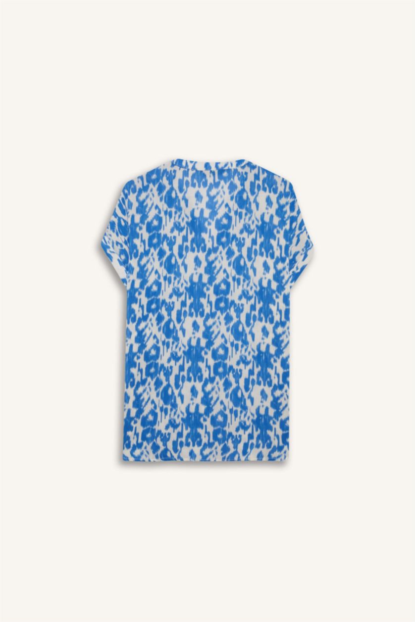 نساء أزرق غامق بلوزة نص كم مطبوعة قصة عادية برقبة مستديرة