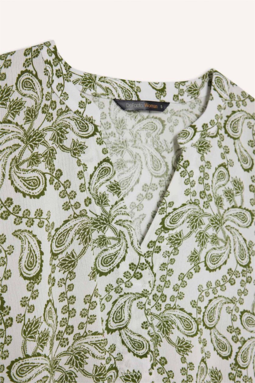 نساء زيتوني بلوزة نص كم مطبوعة قصة عادية برقبة مستديرة