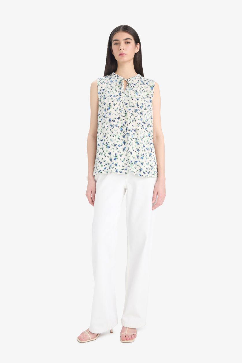 FEMME Bleu Blouse sans manches en tissu froissé imprimé Coupe régulière