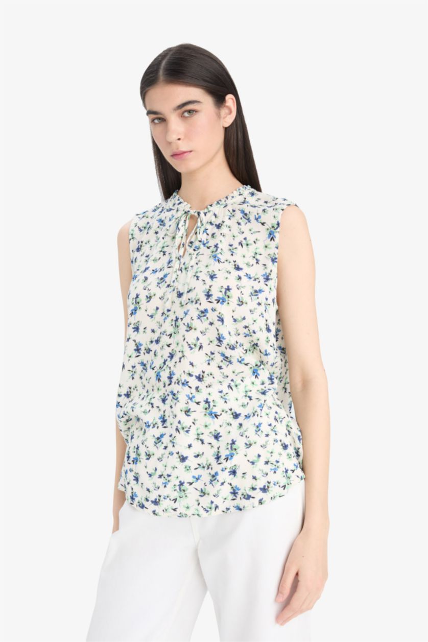 FEMME Bleu Blouse sans manches en tissu froissé imprimé Coupe régulière