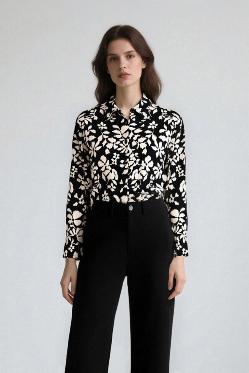 WOMAN Beige Oversize Fit Shirt Collar Printed Long Sleeve Tunic