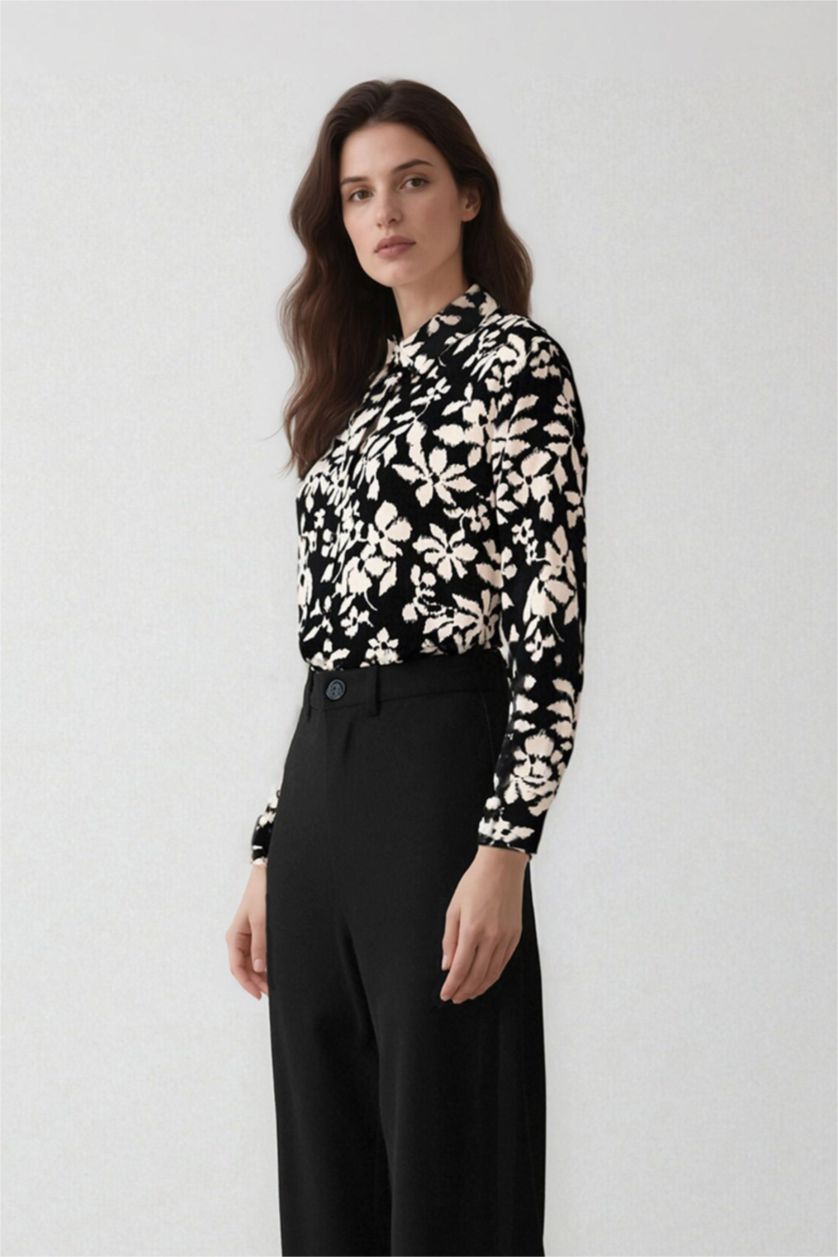 WOMAN Beige Oversize Fit Shirt Collar Printed Long Sleeve Tunic