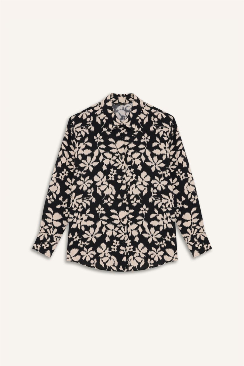 WOMAN Beige Oversize Fit Shirt Collar Printed Long Sleeve Tunic