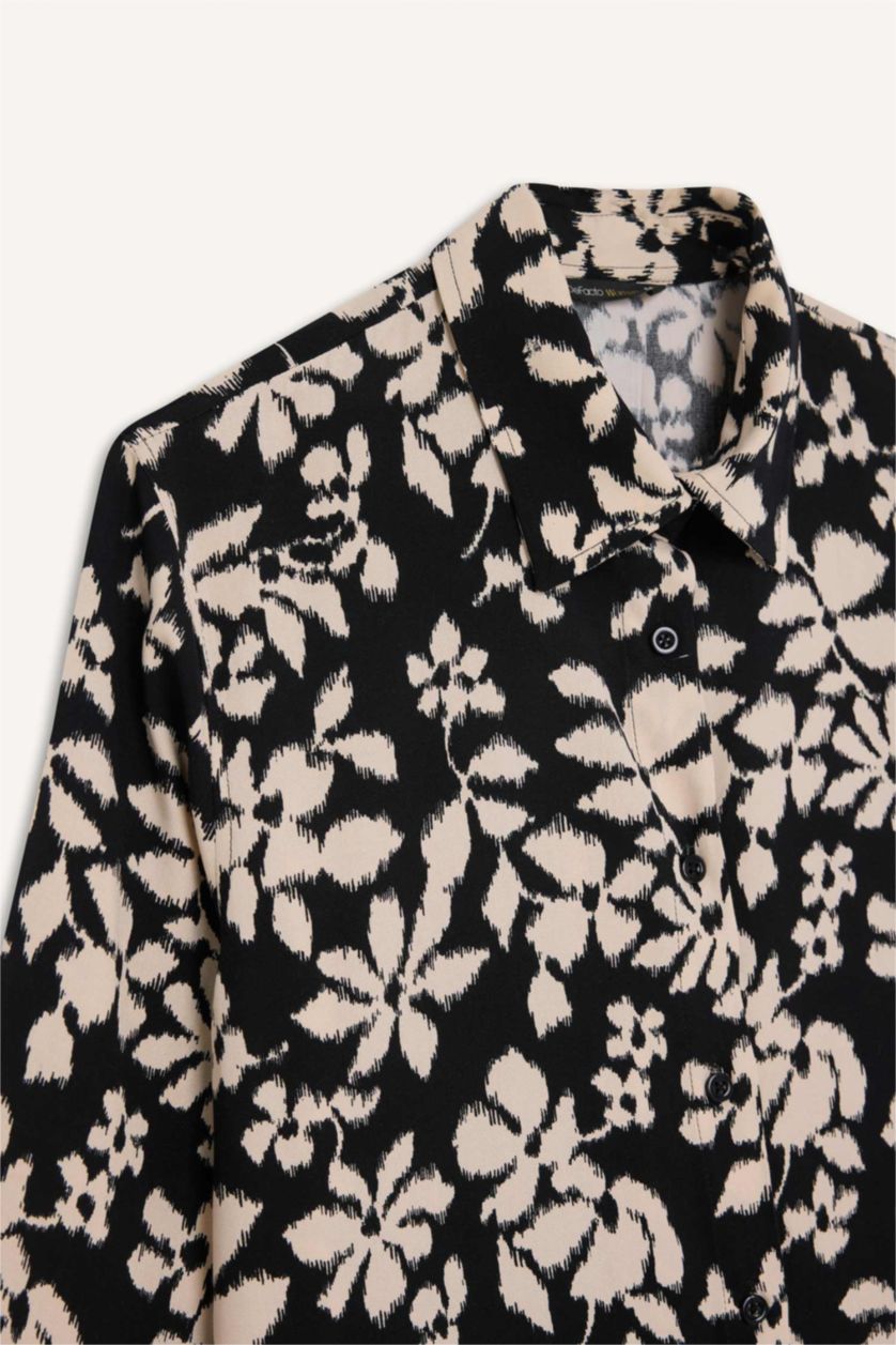 WOMAN Beige Oversize Fit Shirt Collar Printed Long Sleeve Tunic