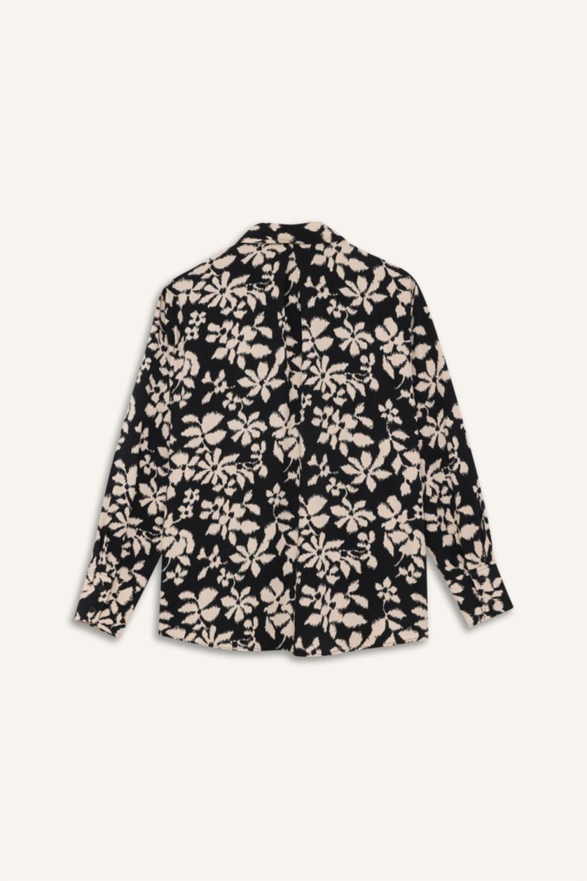 WOMAN Beige Oversize Fit Shirt Collar Printed Long Sleeve Tunic