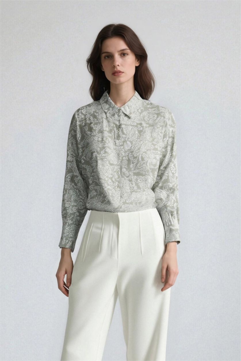 WOMAN Green Oversize Fit Shirt Collar Printed Long Sleeve Tunic