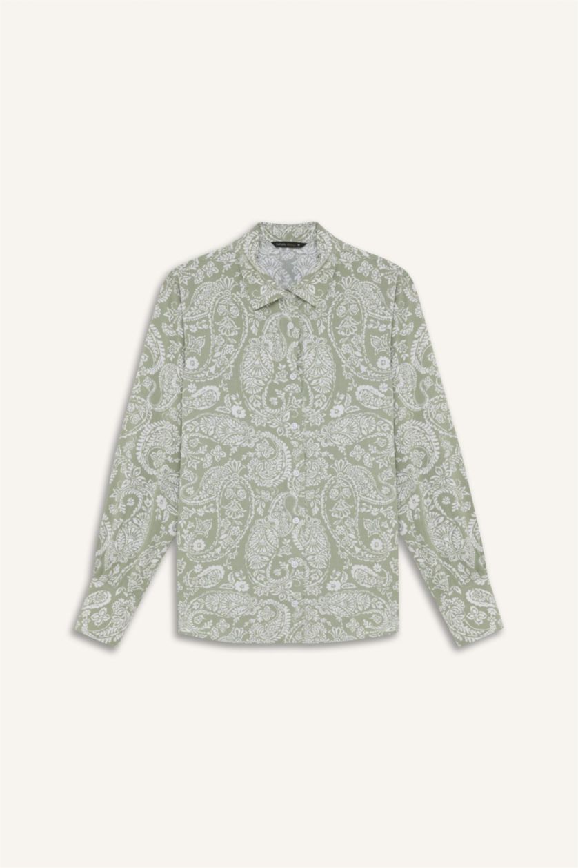 WOMAN Green Oversize Fit Shirt Collar Printed Long Sleeve Tunic