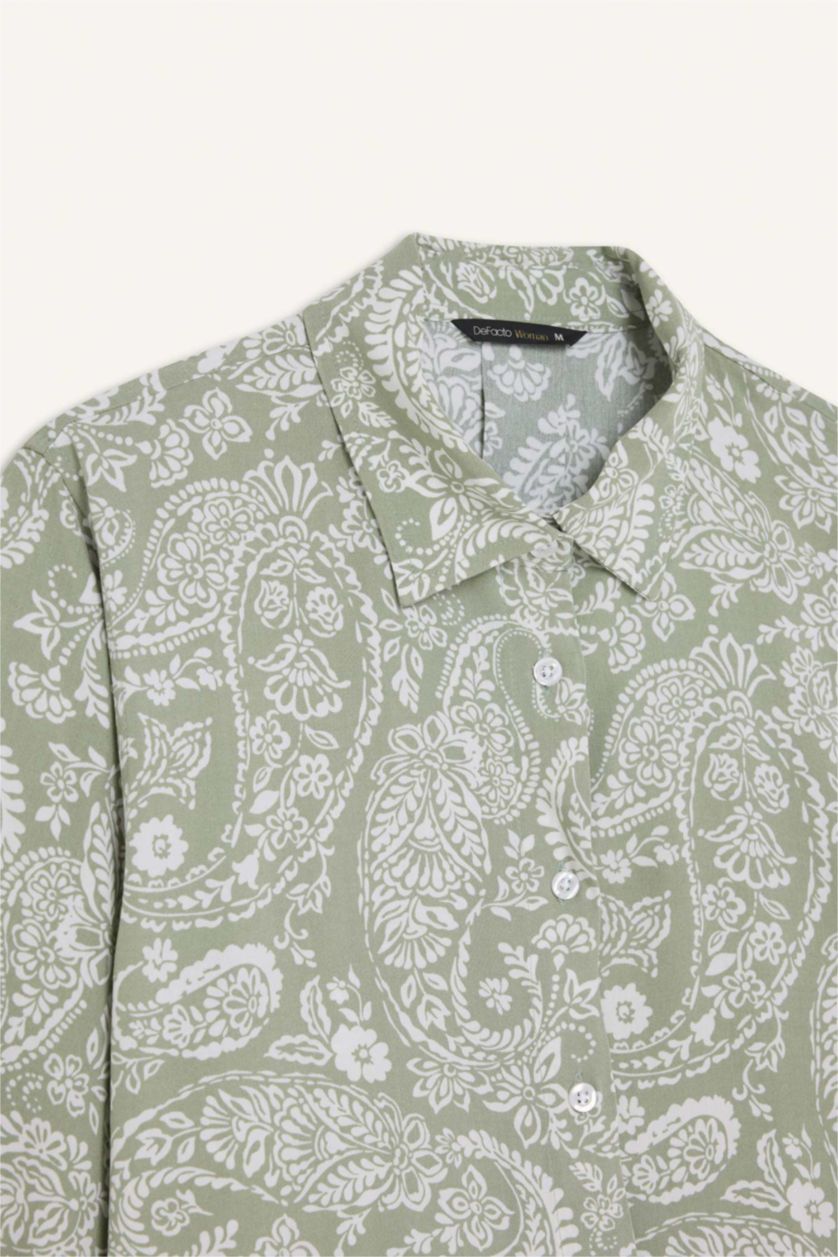 WOMAN Green Oversize Fit Shirt Collar Printed Long Sleeve Tunic