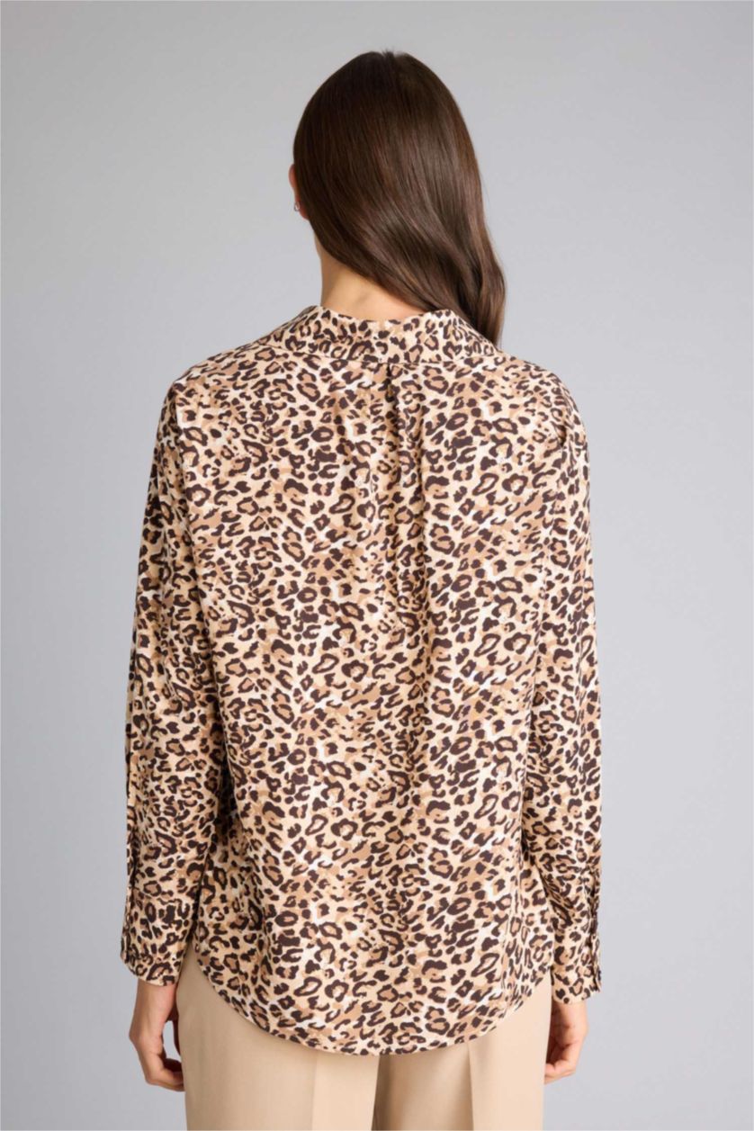 حريمي أسود تونيك كم طويل مطبوع اوفر سايز بياقة قميص