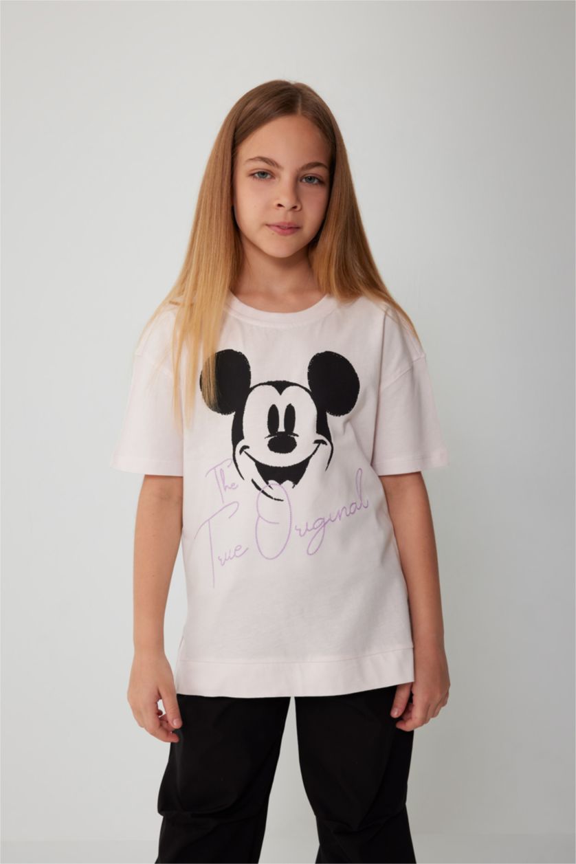 Kız Çocuk - Genç Kız Açık Pembe Kız Çocuk Disney Mickey & Minnie Oversize Geniş Kalıp Bisiklet Yaka Kısa Kollu Tişört