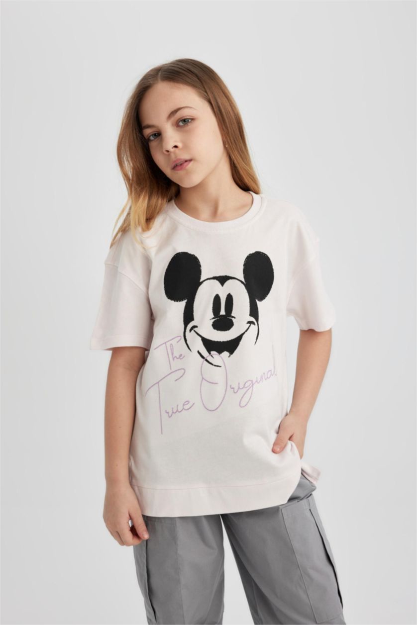 Kız Çocuk - Genç Kız Açık Pembe Kız Çocuk Disney Mickey & Minnie Oversize Geniş Kalıp Bisiklet Yaka Kısa Kollu Tişört