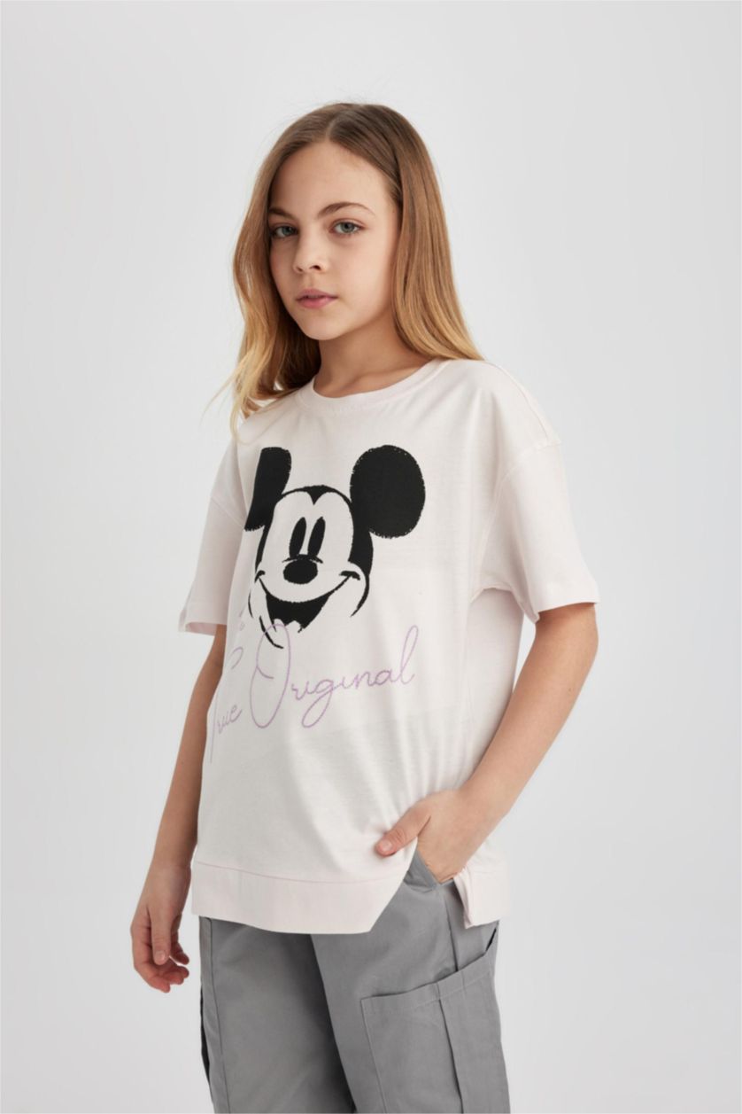 Kız Çocuk - Genç Kız Açık Pembe Kız Çocuk Disney Mickey & Minnie Oversize Geniş Kalıp Bisiklet Yaka Kısa Kollu Tişört