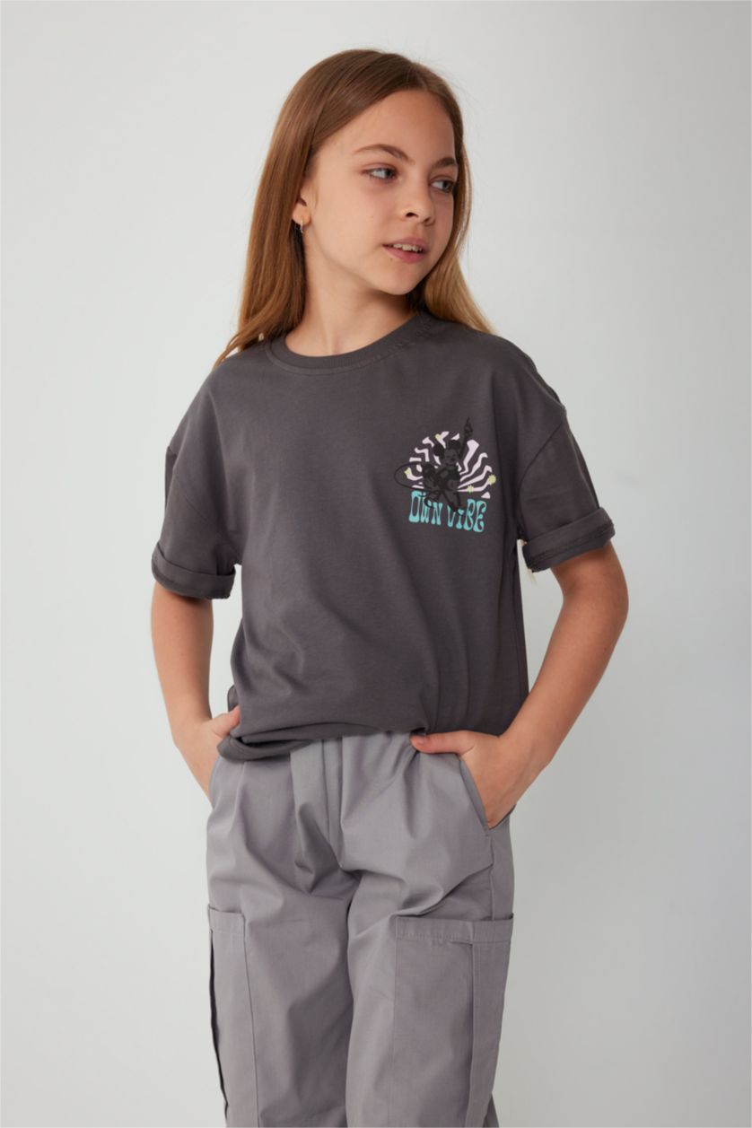 Kız Çocuk - Genç Kız Antrasit Kız Çocuk Disney Mickey & Minnie Oversize Geniş Kalıp Bisiklet Yaka Kısa Kollu Tişört